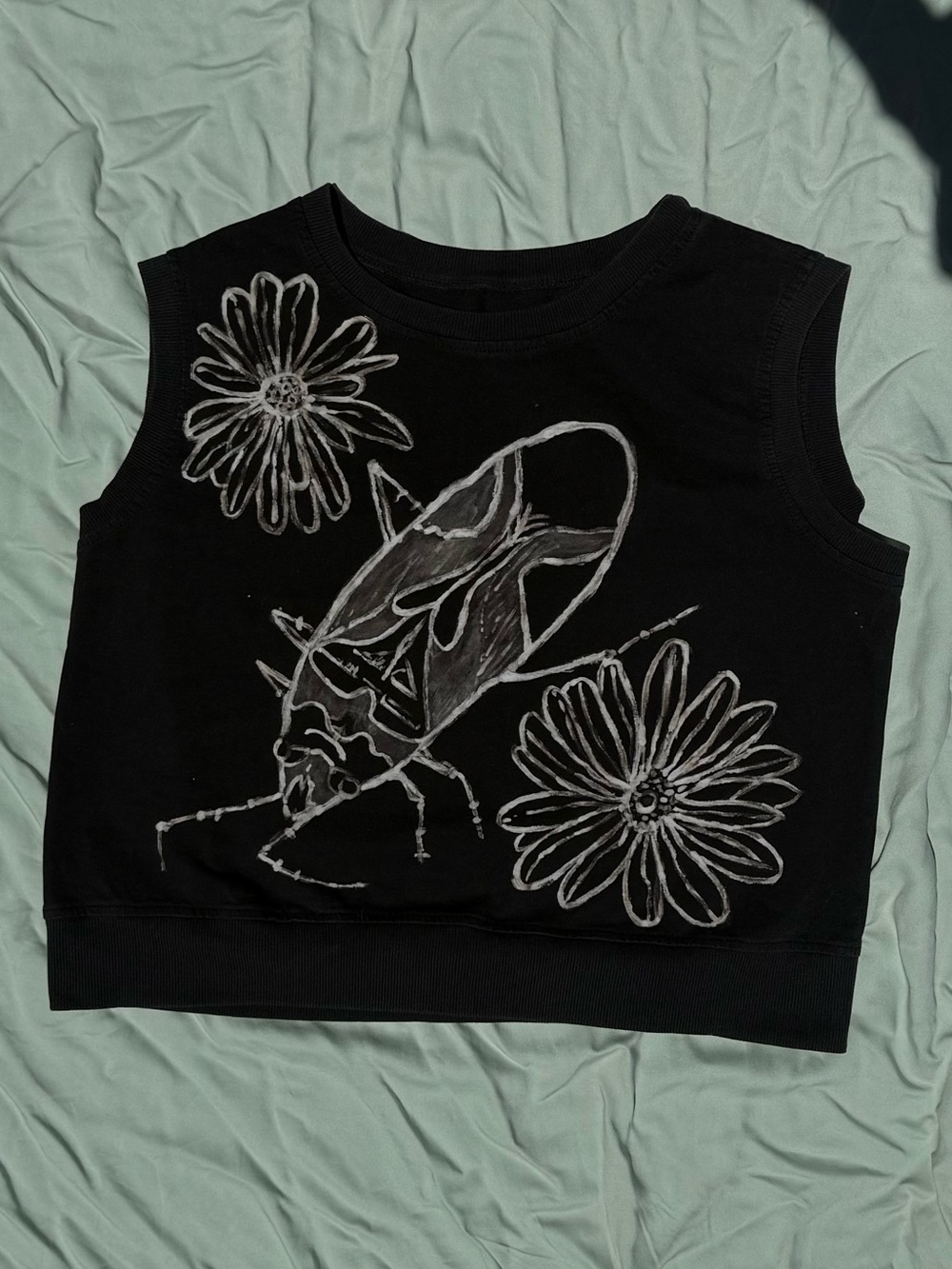 Unisex custom hand painted shirt with bug and flowers, 100% cotton